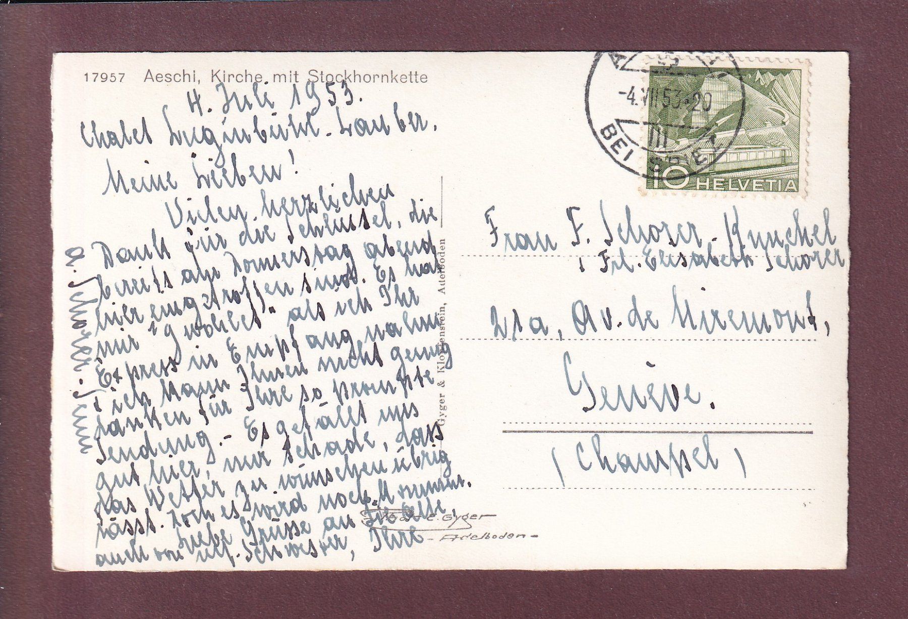 Cartoline postali: AESCHI - Kirche - Stockhornkette - 1953 – Usato da Pully venduto da nicecards 1