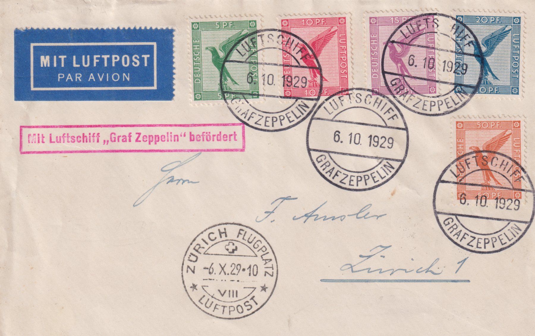Alle Briefmarken: Luftschiff Graf Zeppelin  nach Zürich – Gebraucht aus Baar von Saegi1