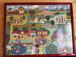 Framed Cross-Stitch Village Scene - Handmade Art