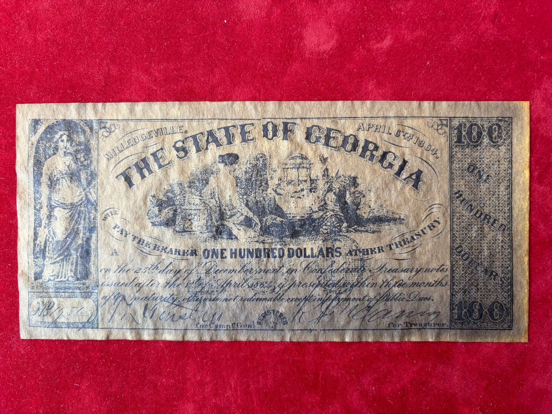 Banconote: USA GEORGIA TREASURYNOTE - FACSIMILE 100 Dollars 6.4.1864 – Usato da Le Lignon venduto da Trikles