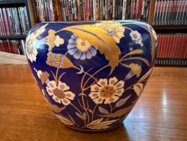 Keramikvase blau mit Golddekor florales Muster 18 cm