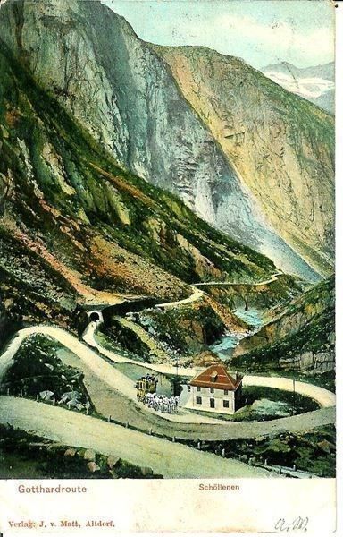 Cartoline postali: Schöllenen UR Rest. 5 Spännige Gotthard-Post Kutsche 1908 – Usato da Ennetmoos venduto da Ambuman