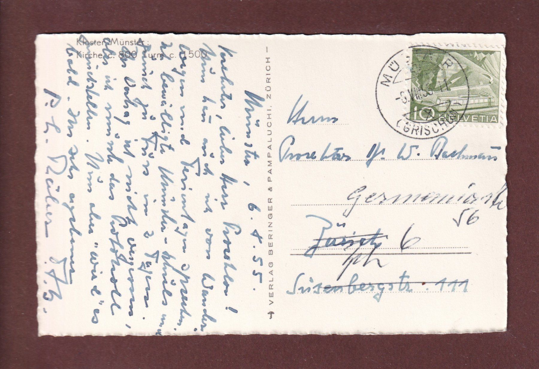 Cartoline postali: Kloster MÜNSTER - Kirche - Turm - 1955 – Usato da Pully venduto da nicecards 1
