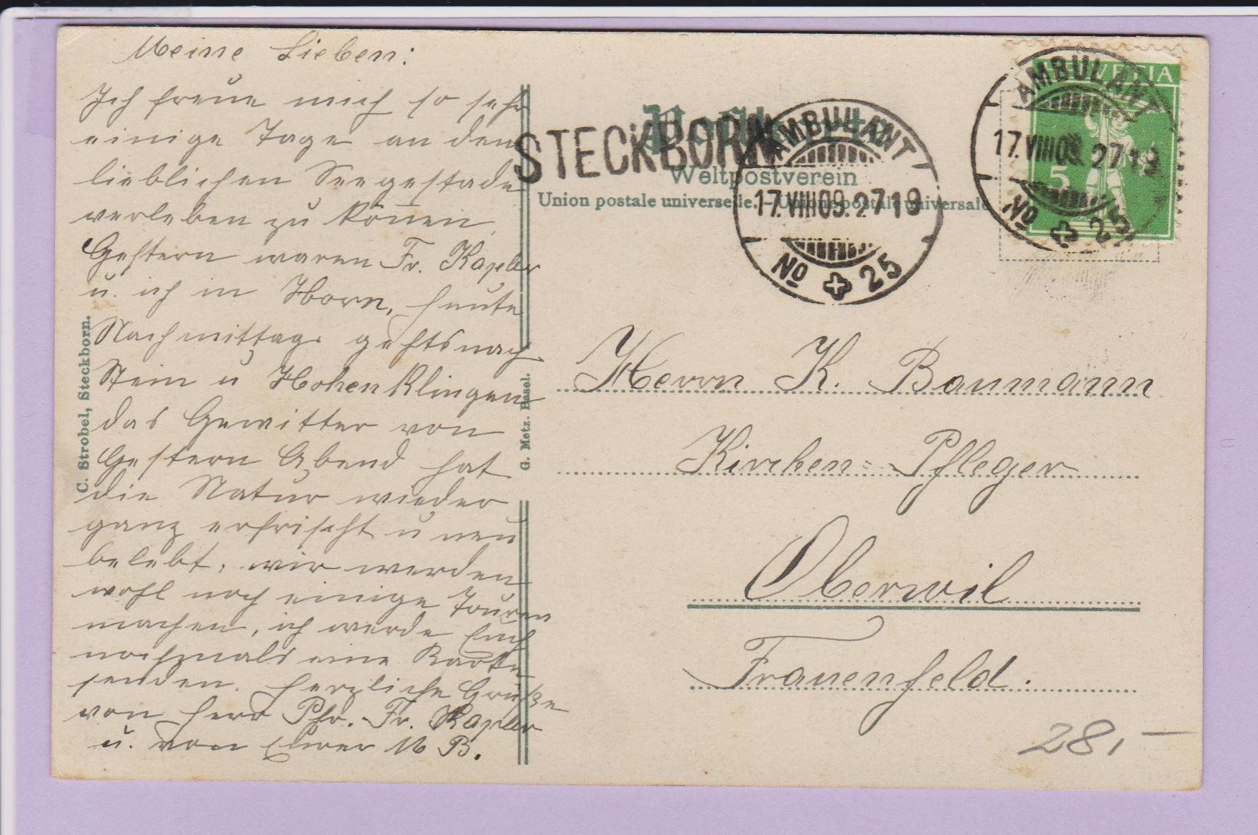 Cartoline postali: Steckborn   :   alte Ansichtskarte und Stabstempel 1909 – Usato da Vitznau venduto da Ropaku 1