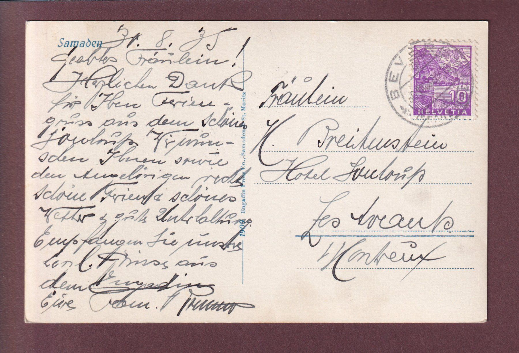 Cartes postales: SAMADEN - 1935 – D'occasion à Pully par nicecards 1