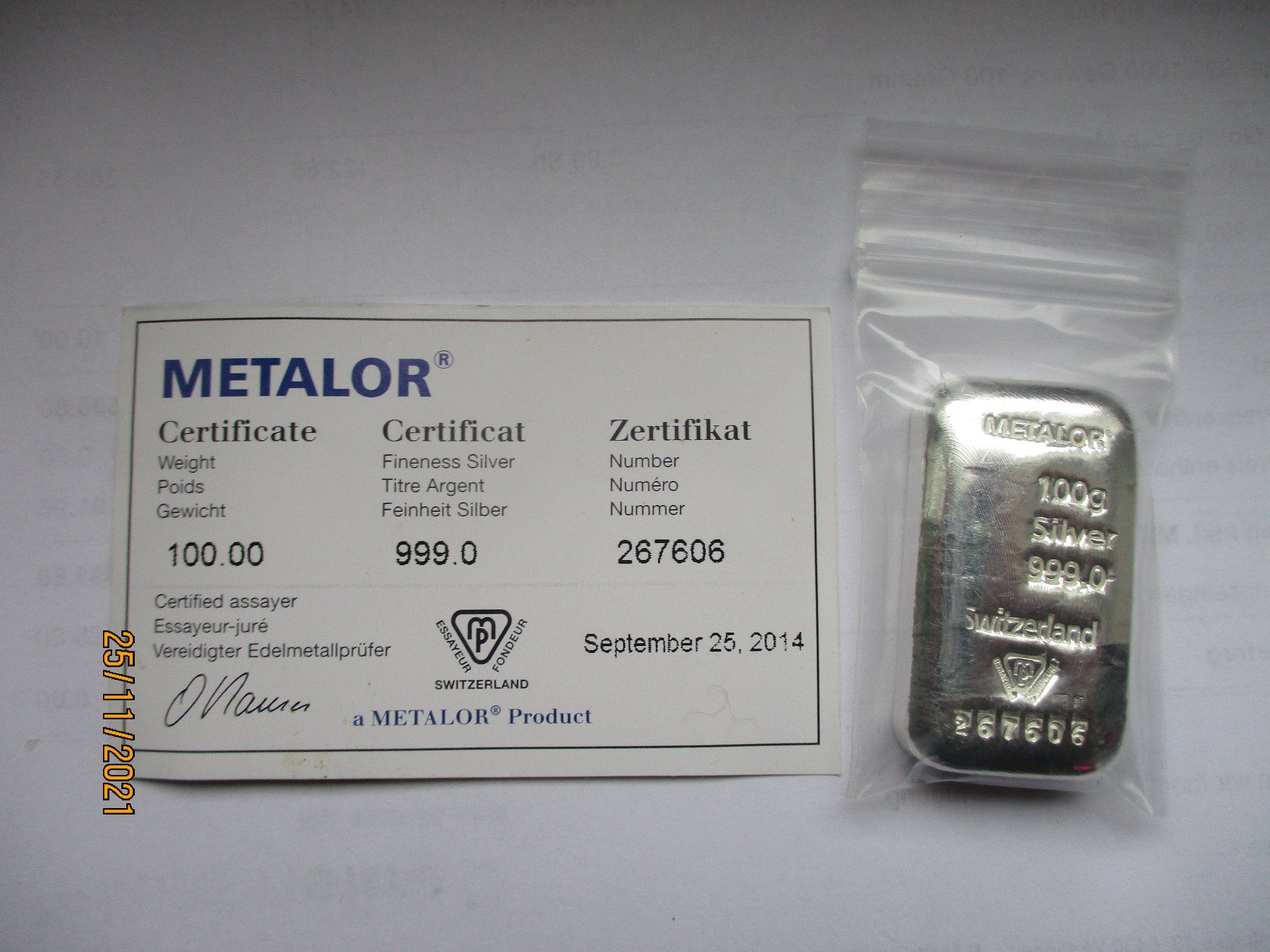 Edelmetalle: 100gr. Silberbarren Nr. 267606 – Neu und originalverpackt aus Liestal von Disc-Point