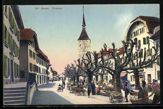 Cartoline postali: Aarau, Strassenpartie am Graben, Wochenm – Usato da Berlin venduto da bartko-reher