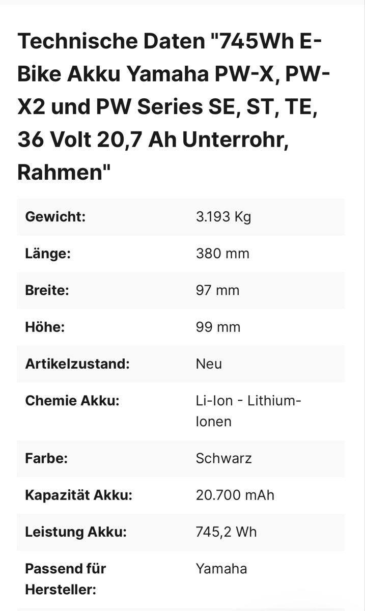 Yamaha Velos: Yamaha 745 wh E-Bike Akku – Gebraucht aus Reiden von LU-Tower 4