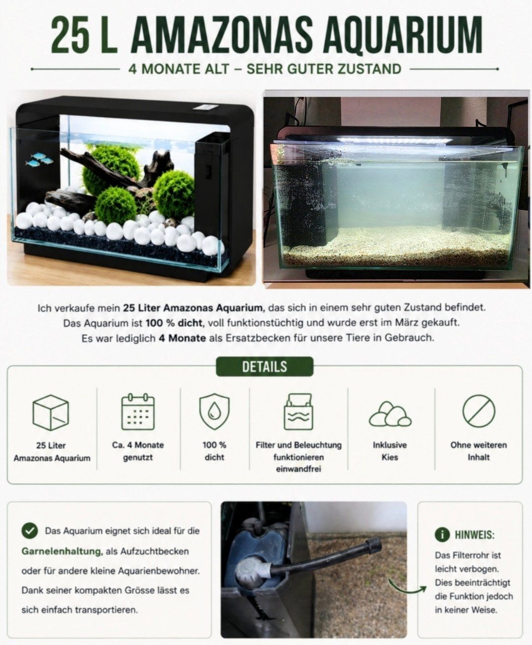 Amazonas Aquarium: 25L Amazonas Aquarium 4 Monate alt – Gebraucht aus Ebikon von Automaus