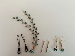 Schmuckset grün gold Hochzeit Haarschmuck Kette Ohrringe neu