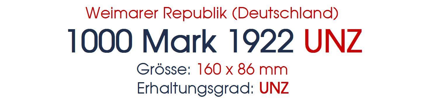 Banconote: 1000 Mark 1922 UNZ – Nuovo (secondo la descrizione) da Flamatt venduto da samowarow 1