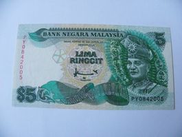 Malaysia Banknote 5 Ringgit Bank Negara, Zustand Wie Neu