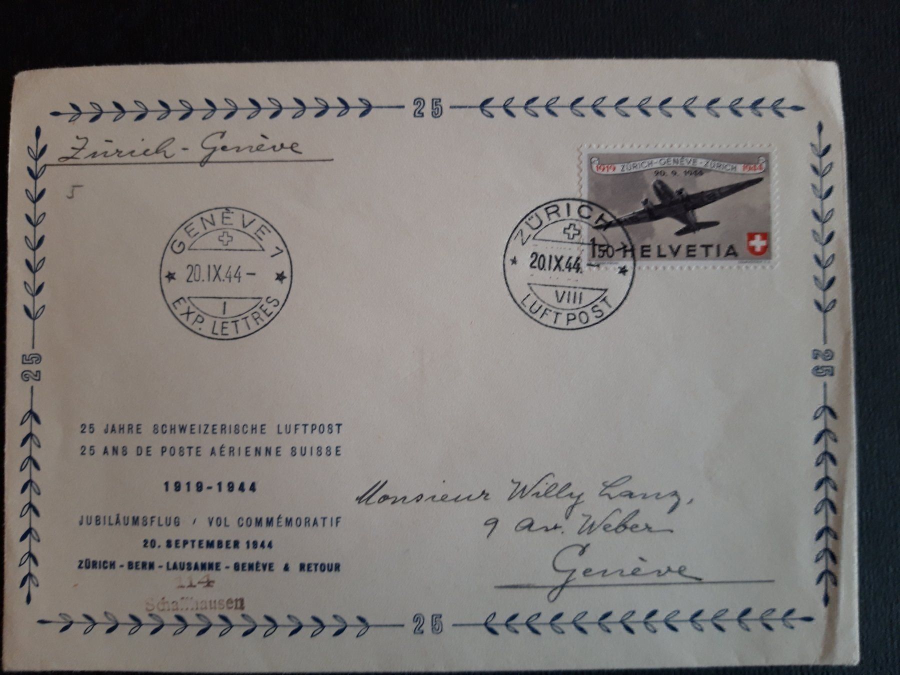 Tutti i francobolli: Jubiläumsflug Zürich - Genf 20.9.1944 – Usato da Wattenwil venduto da paku48