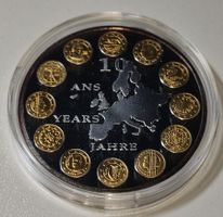 versilberte Medaille 40 mm PP, 10 Jahre Euro