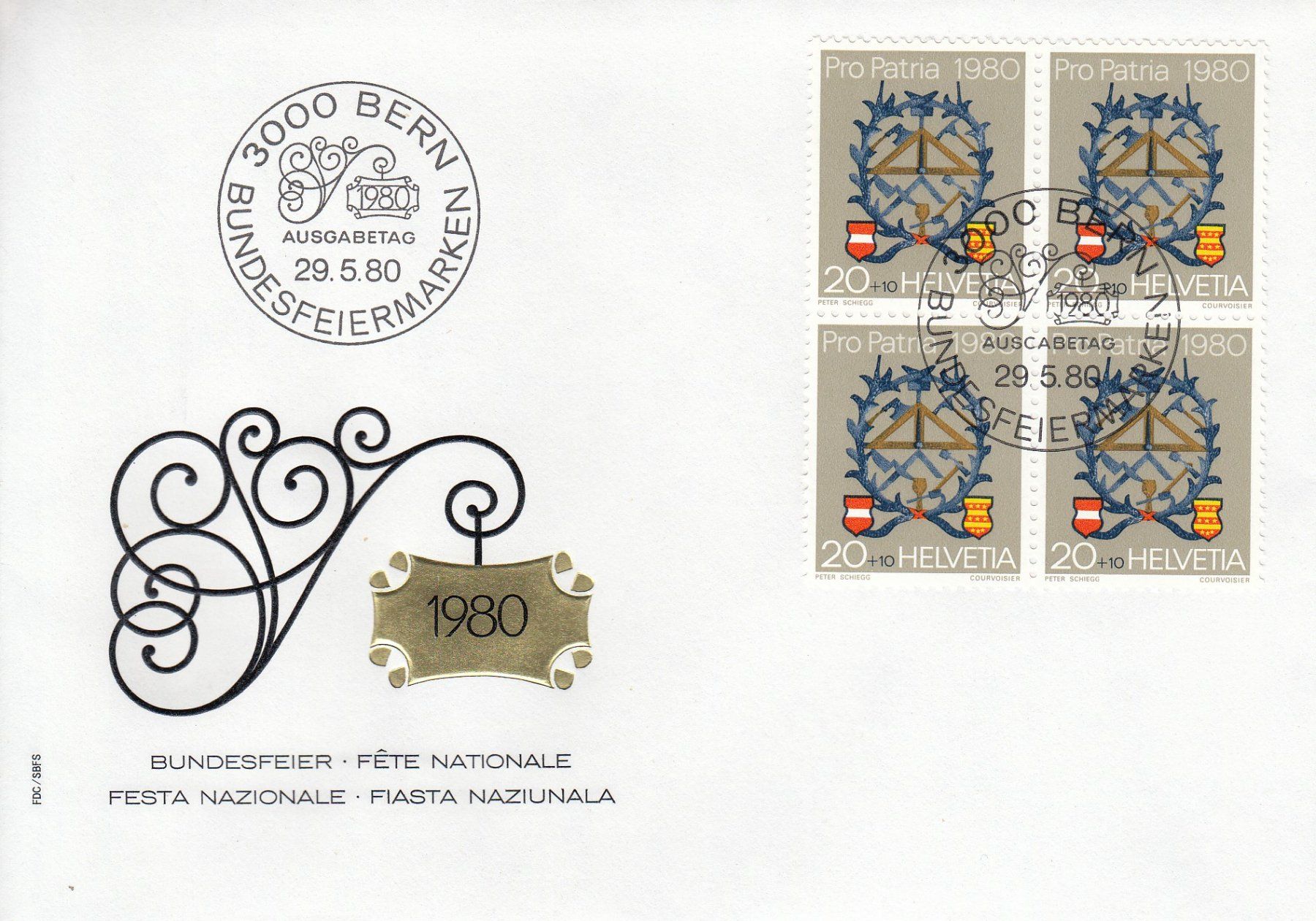 Tutti i francobolli: 1980 Pro Patria 4 FDC Viererblock – Usato da Spreitenbach venduto da Mustang_1105