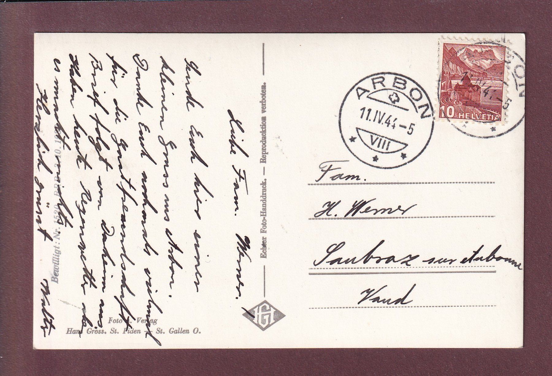 Ansichtskarten: ARBON am Bodensee - 1944 – Gebraucht aus Pully von nicecards 1