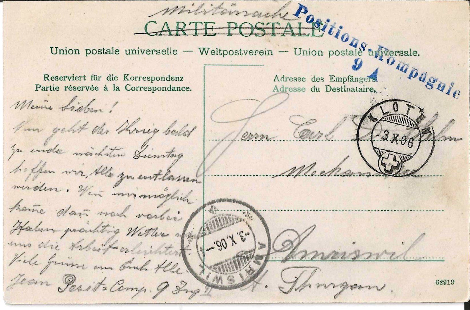 Ansichtskarten: Karte Kloten 1906 – Gebraucht aus Zürich von Philacat11 1