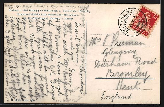 Cartoline postali: Rickenbach /Baselland, Kurhaus, Bad Wald – Usato da Berlin venduto da bartko-reher 1
