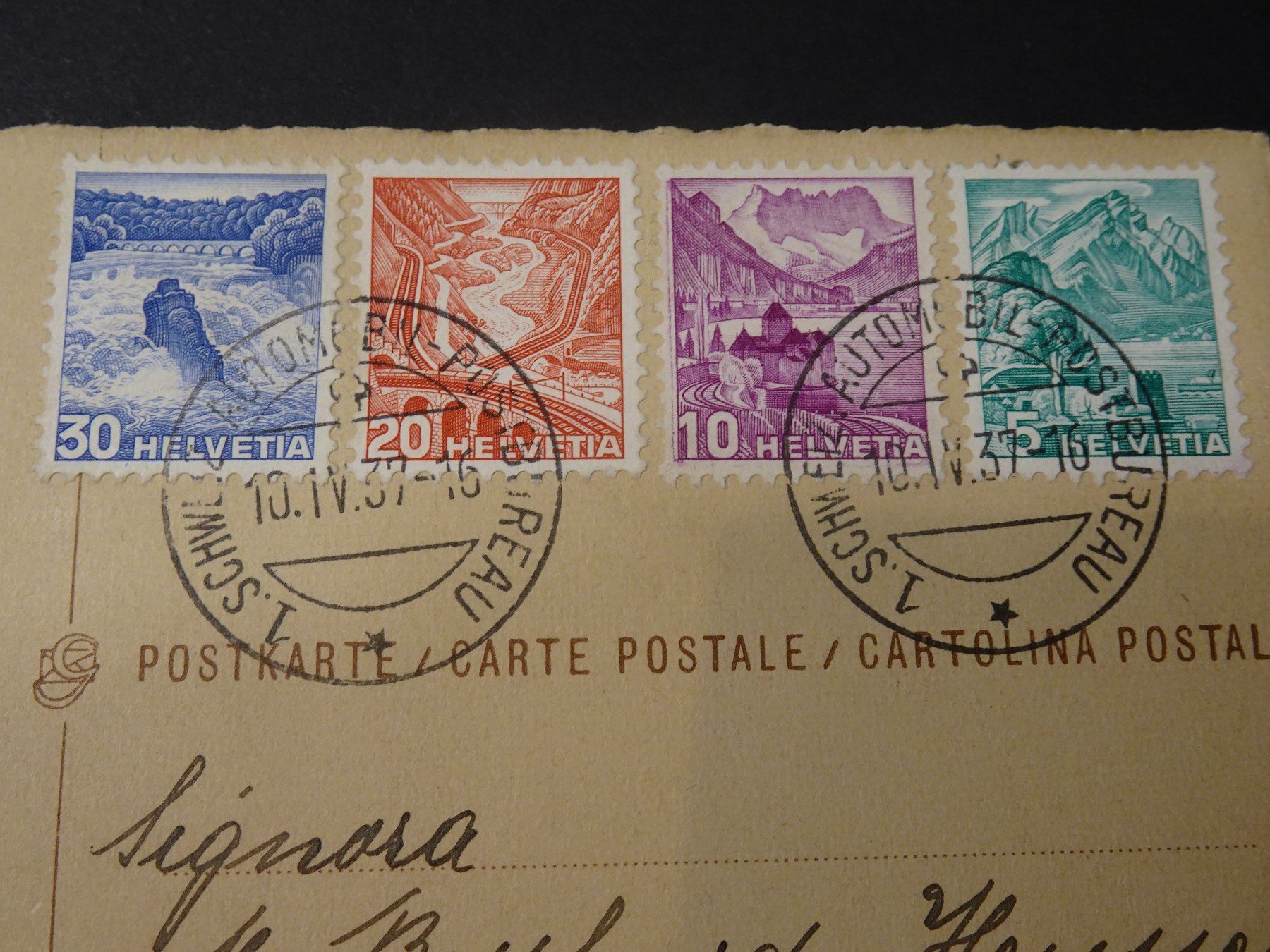Tutti i francobolli: 11.4.37. SCHWEIZER MUSTERMESSE BASEL 1937, POSTKARTE – Usato da Eschenbach SG venduto da eDaisy 1