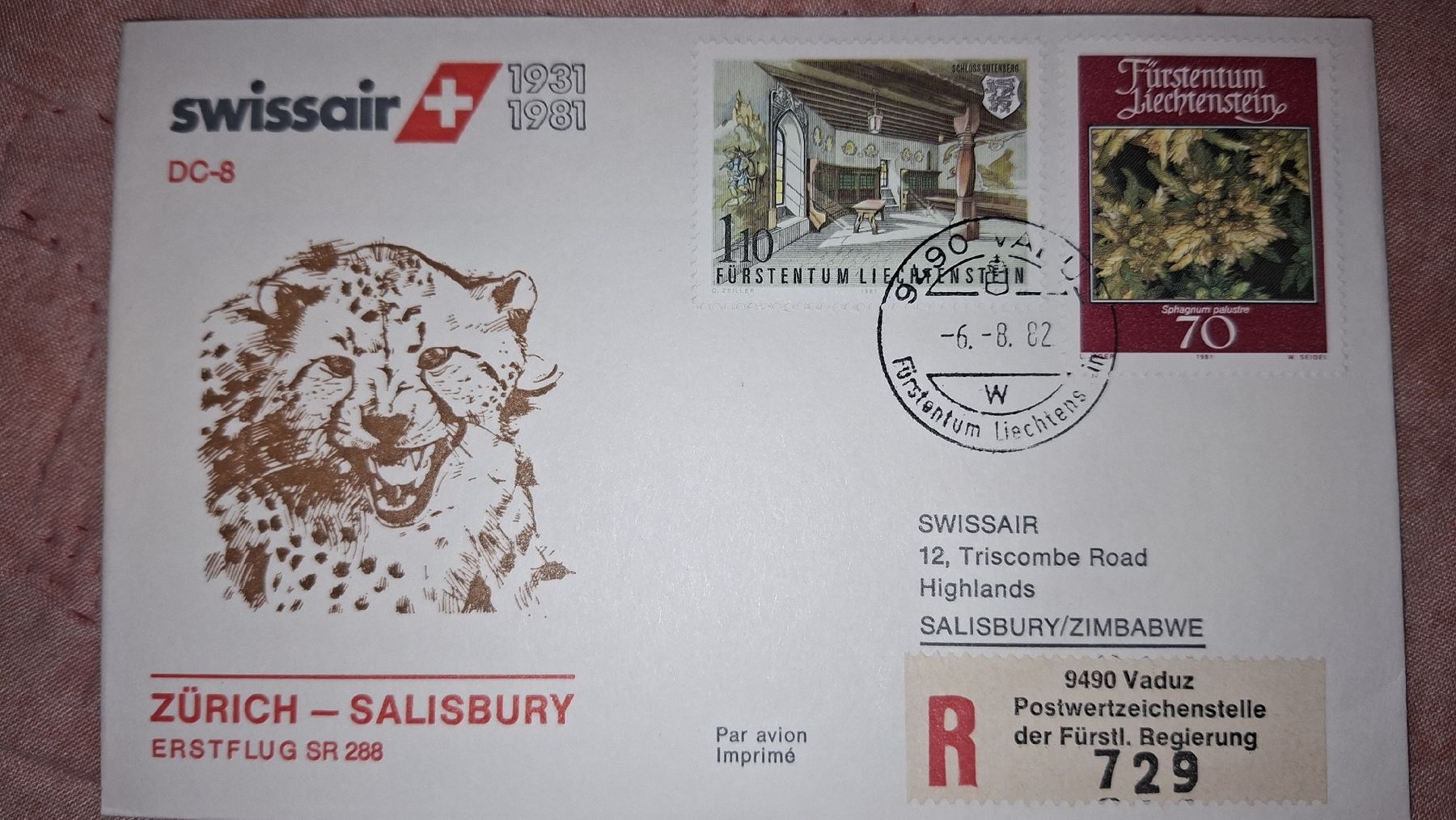 Tutti i francobolli: Zürich - Salisbury 06.08.1982 – Usato da Balgach venduto da SIMEON27