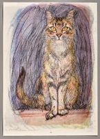 Sitzende Tigerkatze, Lithografie von Fritz Hug, handsigniert