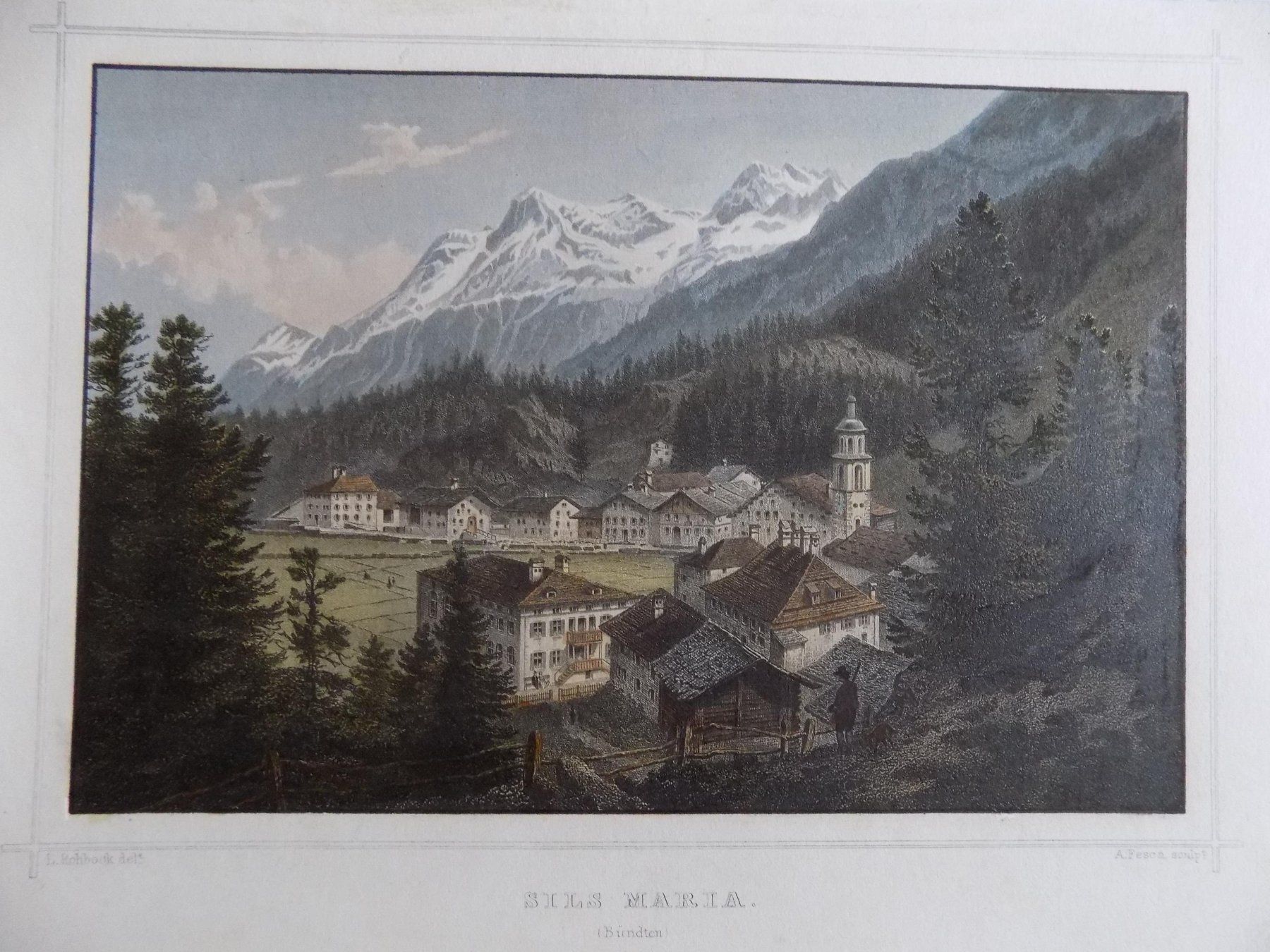 Incisioni: Sils Maria Engadin kolorierter Stahlstich Rohbock – Usato da Risch venduto da Antikfee 3