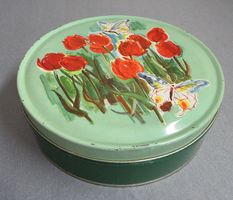 alte Blechdose - Motiv mit Tulpen und Schmetterlingen