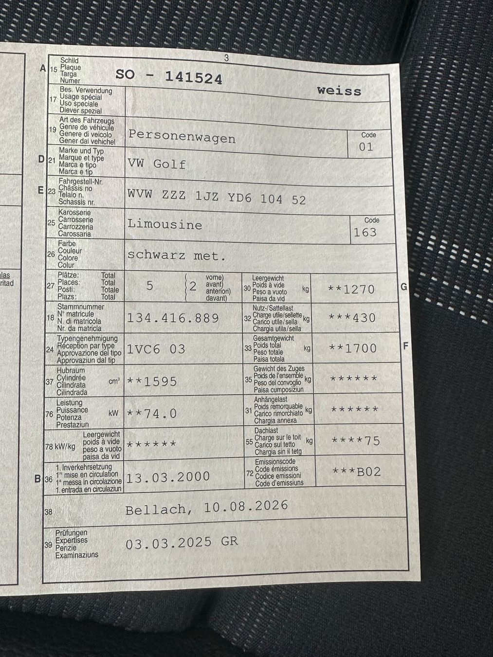 VW Automobili: VW Golf 1.6 mit Mfk – Usato da Boningen venduto da ali_5tcs 5