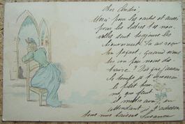 SCHÖNE KÜNSTLER-AK MIT FRAU AUF EINEM STUHL 1899