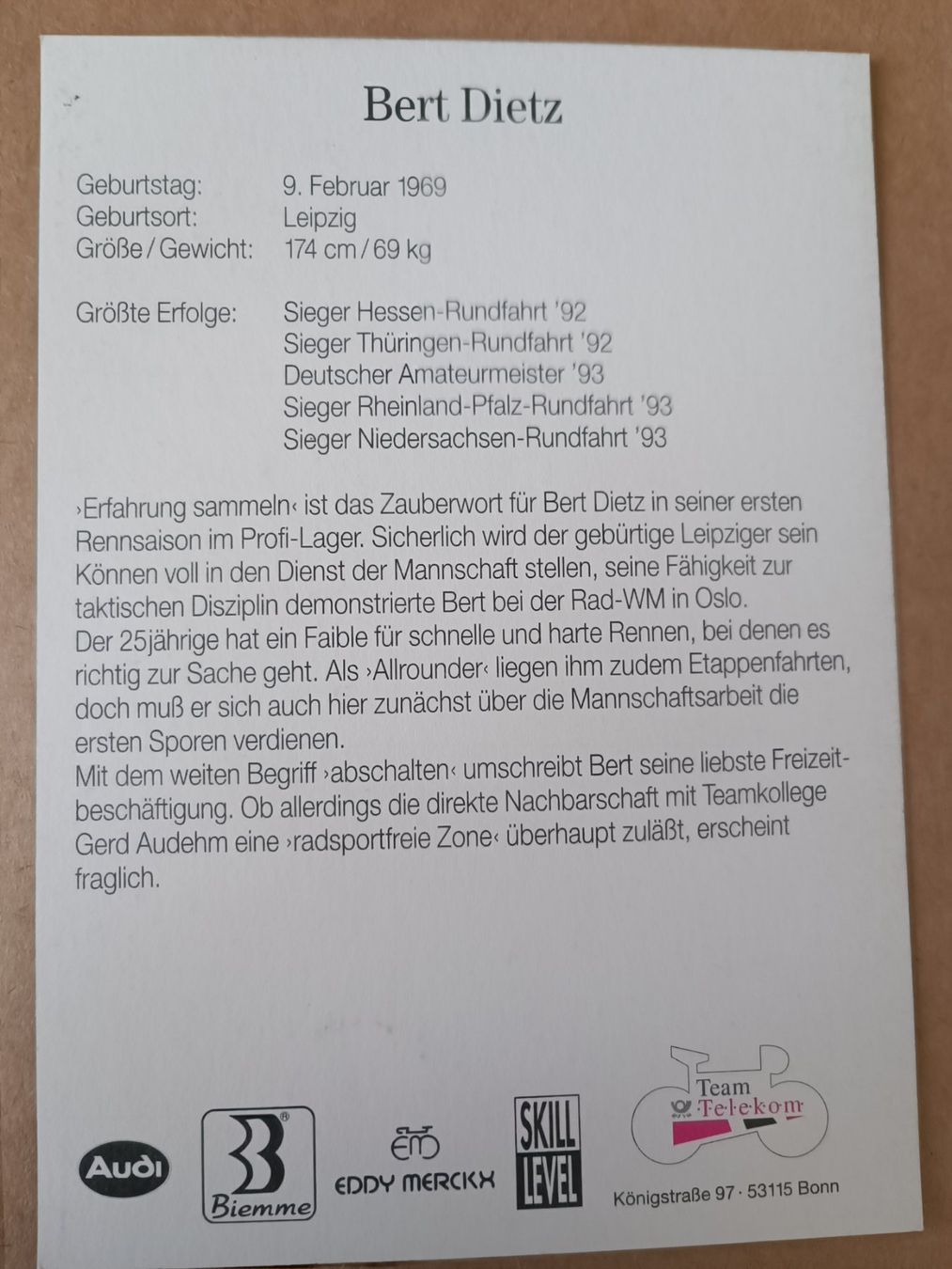 Autografi: Bert Dietz -  handsigniert - aus den 90er Jahren – Usato da Menziken venduto da Autogramme 1