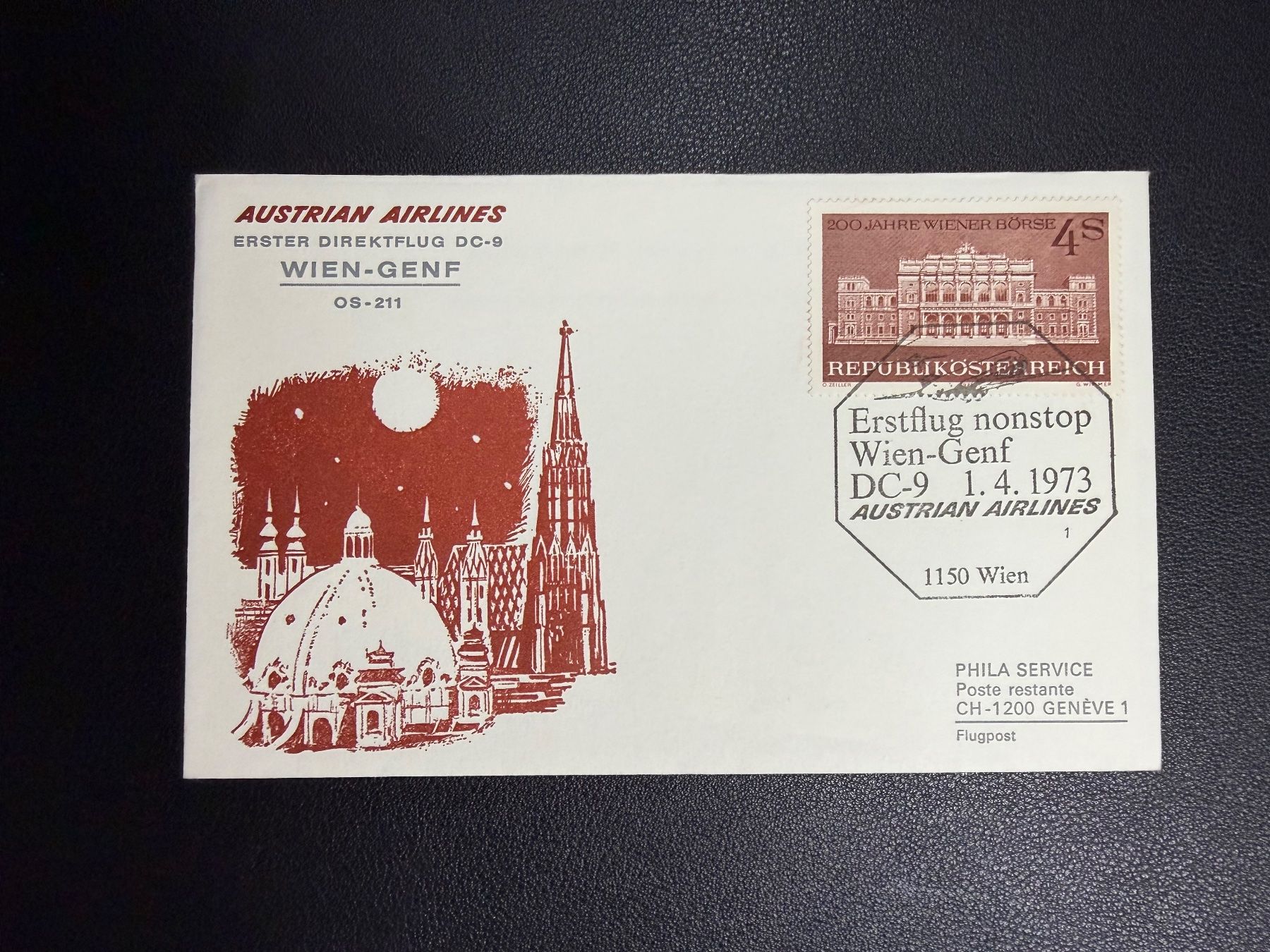 Tutti i francobolli: AUA Erstflugbrief Wien-Genf 1973 – Usato da oberrüti venduto da jeanmei