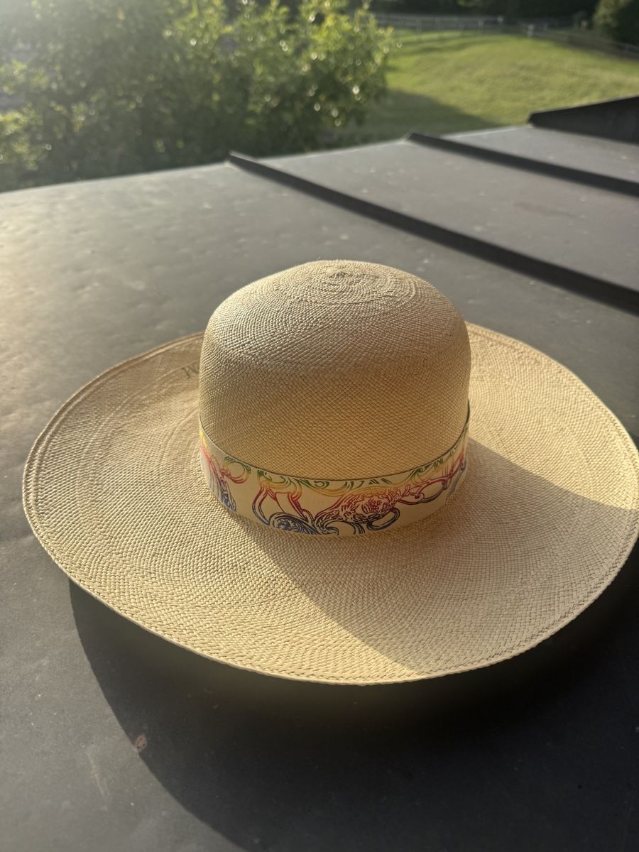 Hermès Copricapi, berretti & cappellini: Hermes Panama Hat with Patterned Ribbon Like New – Nuovo (secondo la descrizione) da Saanen venduto da ewoutlio 2