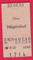KARTON BILLETT, OLTEN - HÄGENDORF, 2.KLASSE, EINFACH