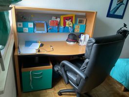 Magnifique bureau bois finitions turquoise, meuble italien