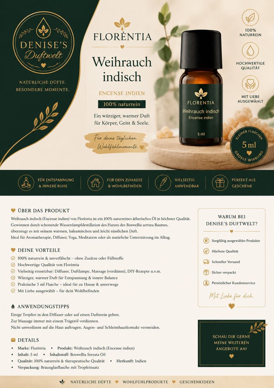 Oli essenziali: Florentia Weihrauch indisch ätherisches Öl 5ml Neu – Nuovo e nell'imballaggio originale da Olten venduto da Denises_Duftwelt 1