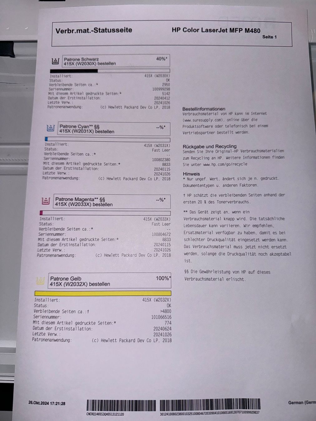 Hewlett Packard Drucker: HP Color LaserJet MFP M480 Multifunktionsgerät – Gebraucht aus Wettswil bei Zürich von  2