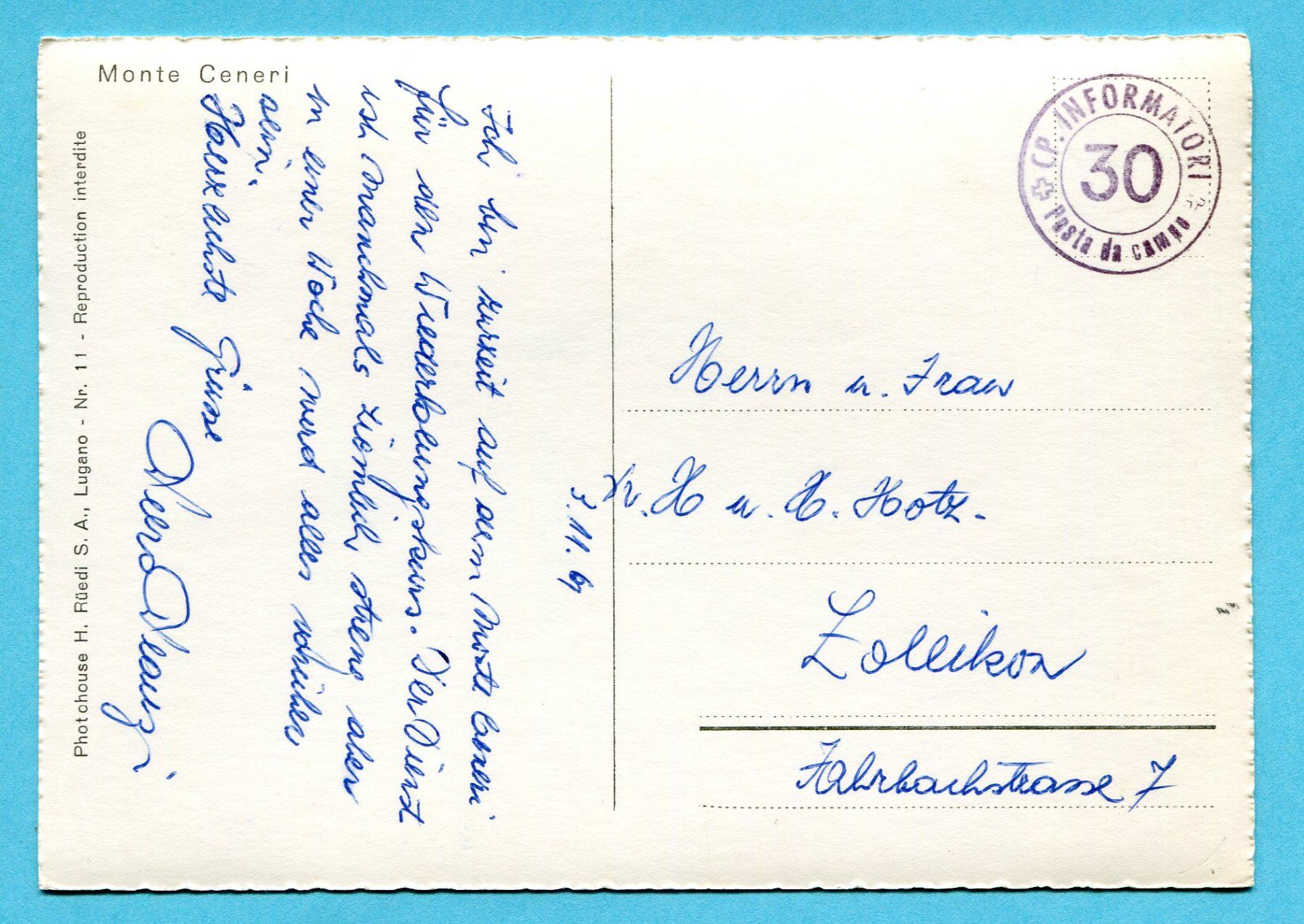 Cartoline postali: Monte Ceneri 1961 – Usato da Opfikon venduto da cleocat-vb 1