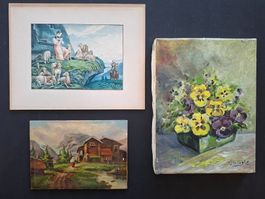 Zwei Ölbilder und ein Aquarell.