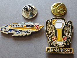 2 PIN'S SCHWEIZ BIERBRAUEREI CALANDA BRÄU, WEIZENBRÄU, BOOT