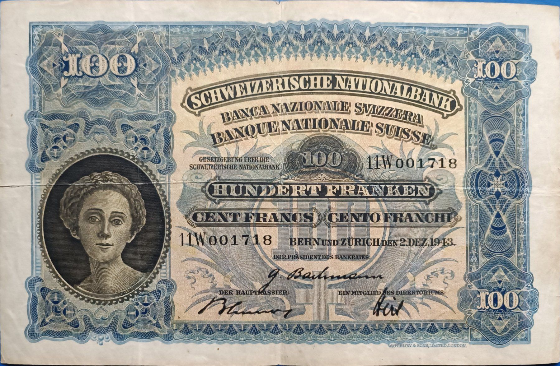 Banknoten: ALTE schöne 100 Fr.- Schweizer Note 2.Dez.1943 TYP Mäher – Gebraucht aus Glis von MYS-Wallis2020 2