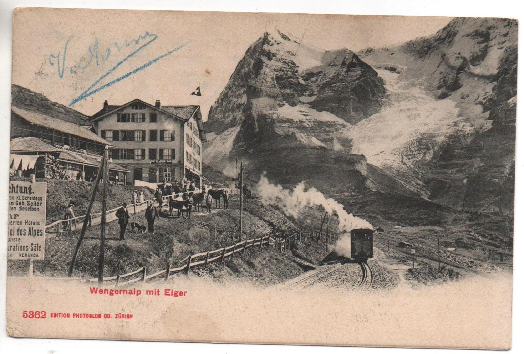Cartoline postali: WENGERNALP mit Bahn - Eiger - Hotel Jungfrau -Pferde – Usato da Jona venduto da philajona