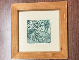 Antike HANDKOLORIERTE LITHOGRAPHIE Holzrahmen / zirka 1972