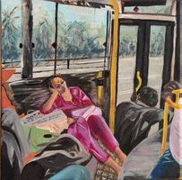 Gemälde Frau schläft im Bus Kunst Öl auf Leinwand 30x30cm