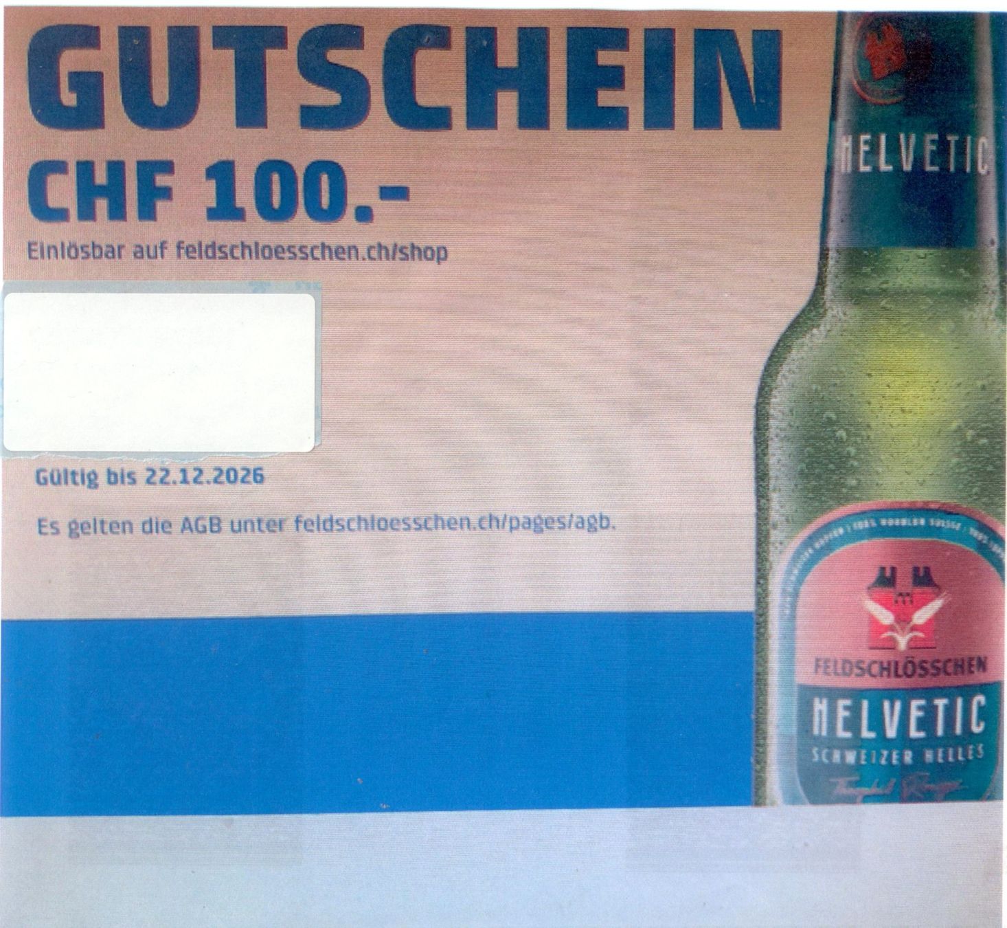 Feldschlösschen Gutscheine: Gutschein 100.- Brauerei Feldschlösschen – Neu (gemäss Beschreibung) aus Neuhausen von magi07
