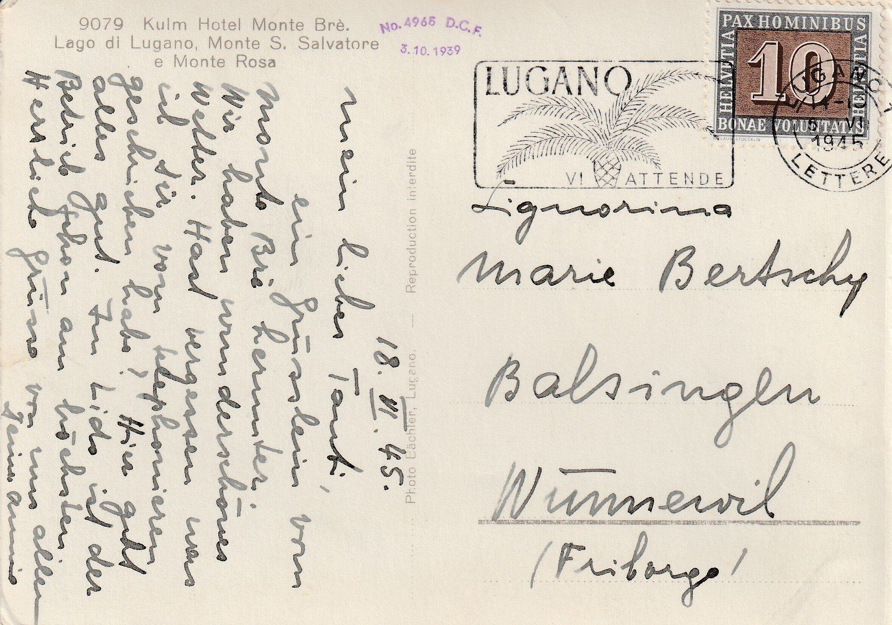 Cartoline postali: AK Monte Brè gel. Juni 1945 – Usato da Fribourg venduto da schnalla92 1