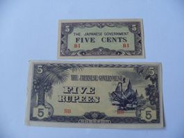 Japanische Banknoten: 5 Cents & 5 Rupien, Top Zustand!