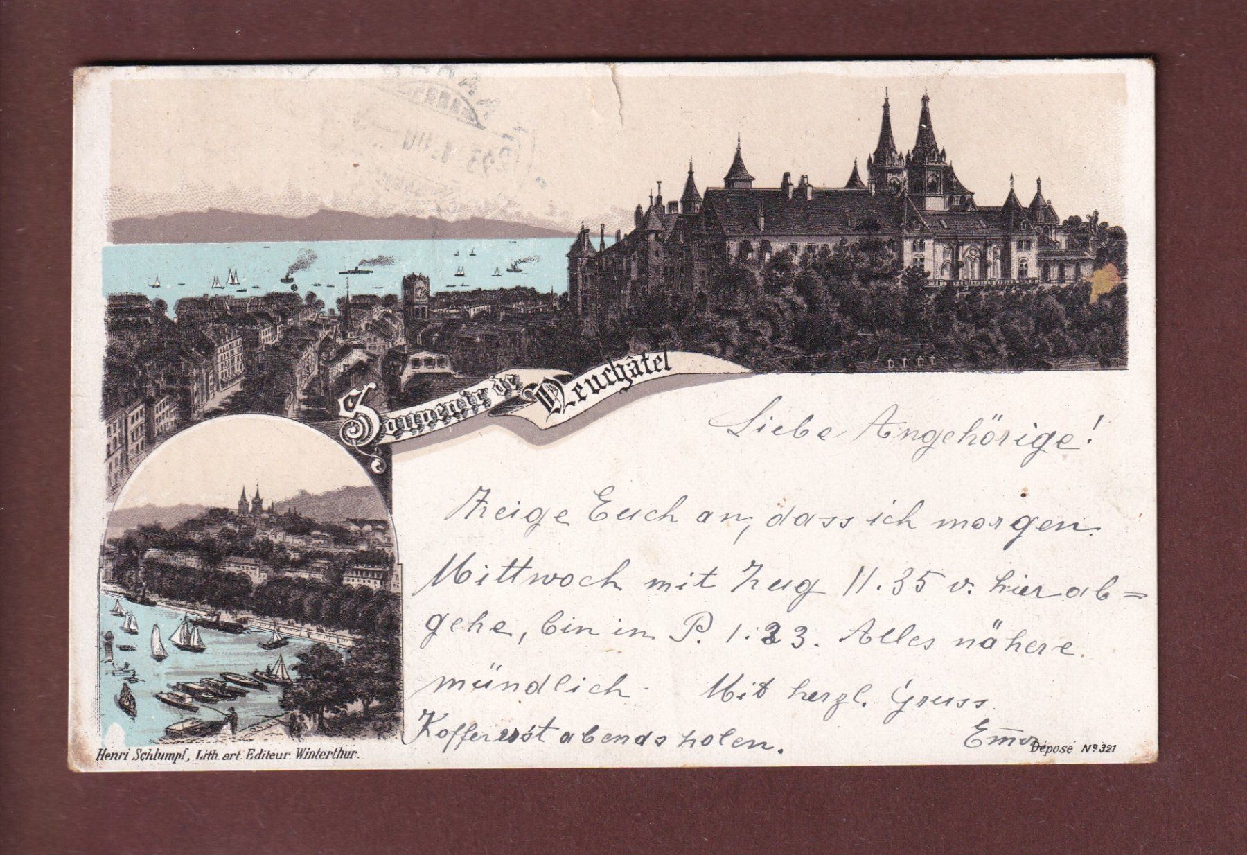 Cartoline postali: Souvenir de NEUCHÂTEL - 1900 Litho Schlumpf – Usato da Pully venduto da nicecards