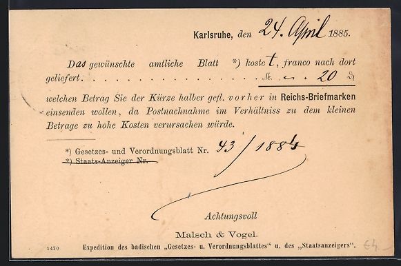 Cancelleria postale: Vorläufer-AK Karlsruhe, 1885, Rechnung  – Usato da Berlin venduto da bartko-reher
