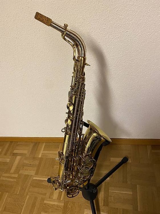 Replica in miniatura di sassofono contralto con supporto e custodia, ornamenti modello strumento placcati in oro