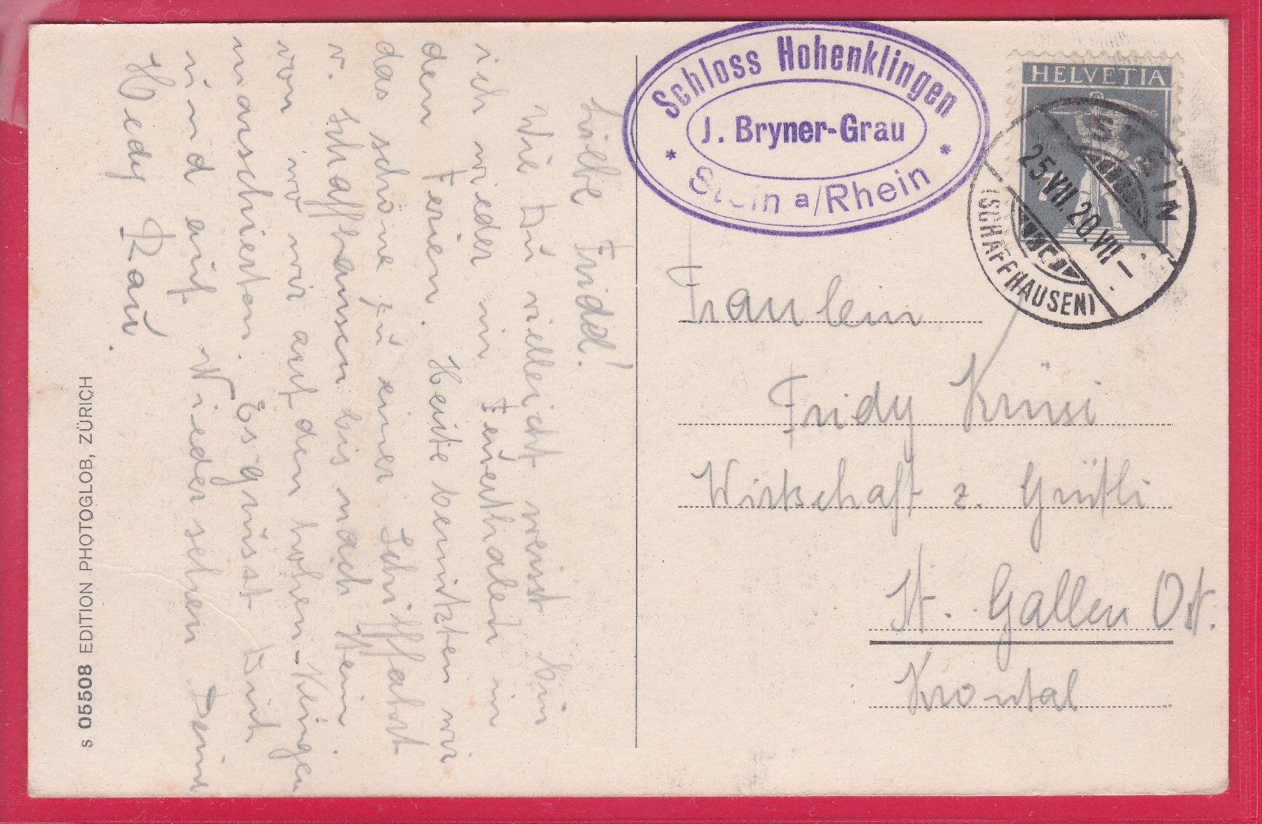 Cartoline postali: STEIN AM RHEIN, 25.7.1920 – Usato da Oberrieden venduto da Gebirgsstelze 1